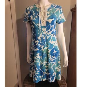Chaps Blue Ombre Floral Dress L Cotton Preppy Beachy Aline Momcore Quietlux